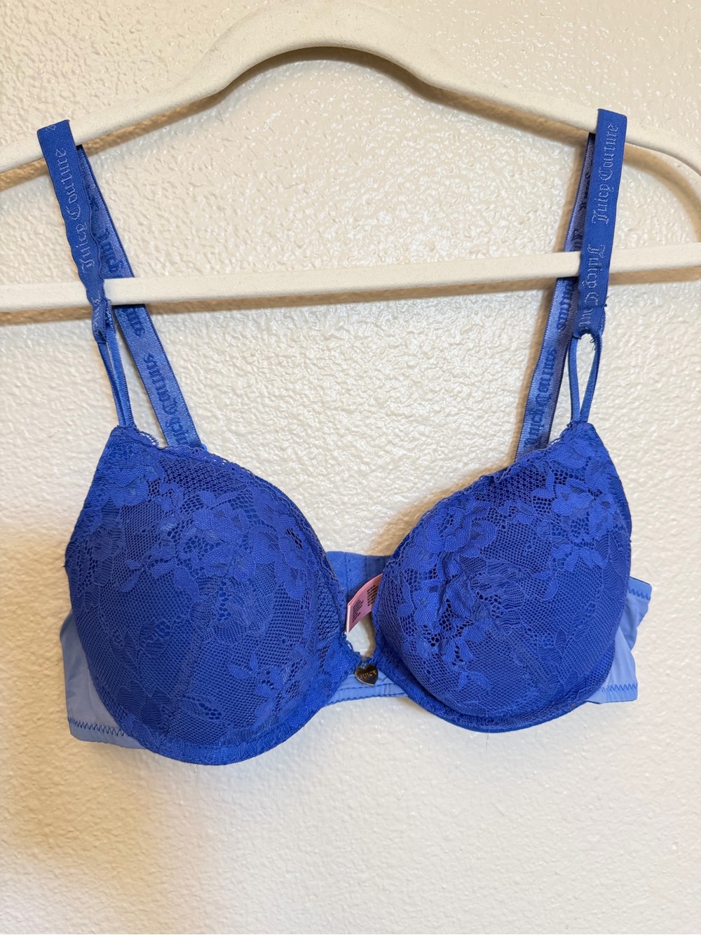 Juicy Couture 36C Royal Blue Lace Bra Logo Straps